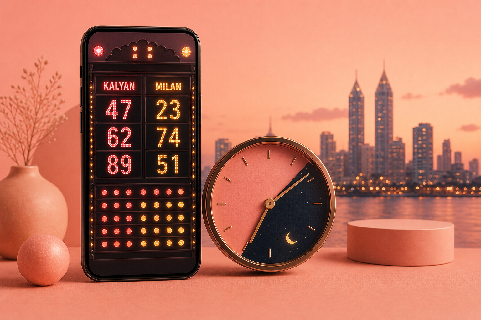 Kalyan matka live result timings on mobile with clock and Mumbai skyline